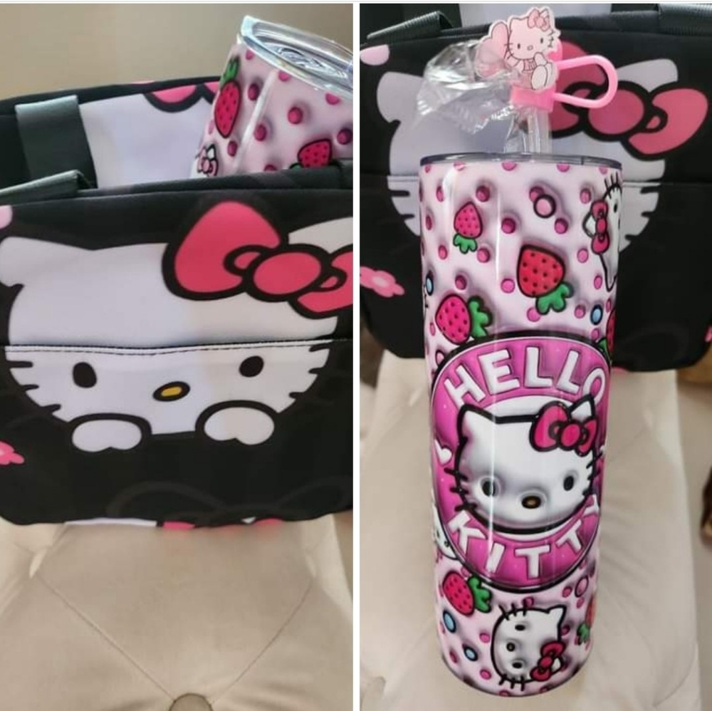 Black Hello Kitty fully insulated lunch bag with strawberry decorated thermos